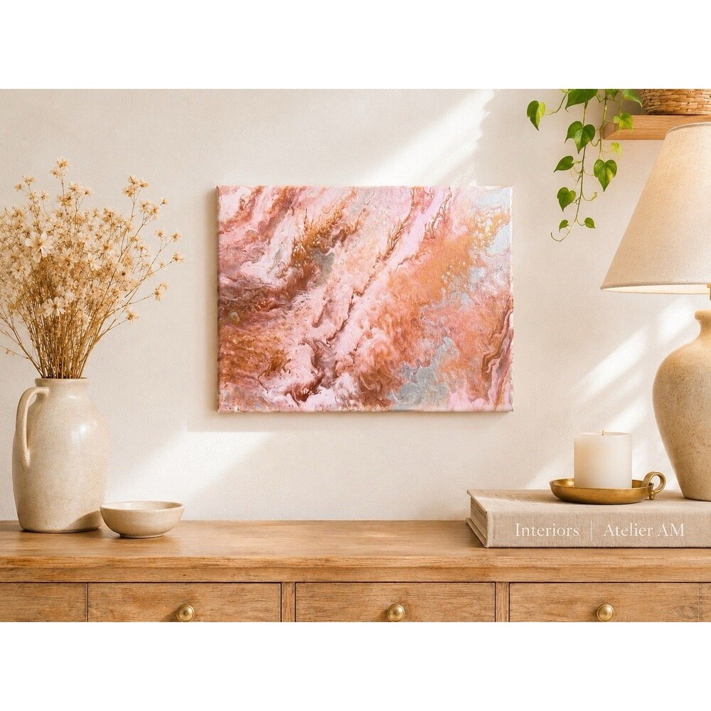 Original Boho Abstract Canvas Wall Art Pink Rose and Gold Marble Painting 9x12”